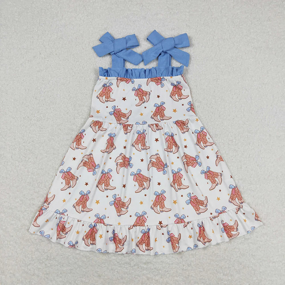 12.24 RTS Sibling Baby Girls Straps Boots Bows Western Rompers Dresses