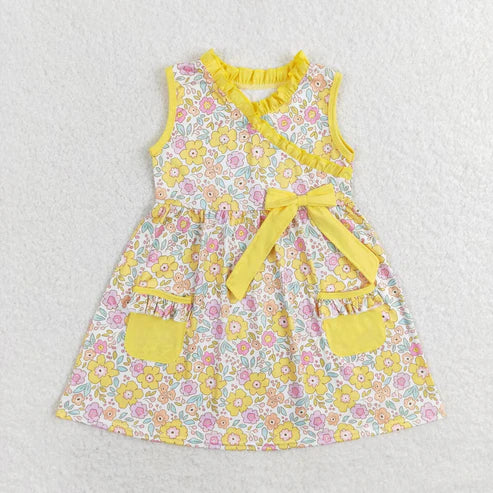 10.31 RST Sibling Baby Girls Sleeveless Flowers Pockets Ruffle Knee Length Dresses