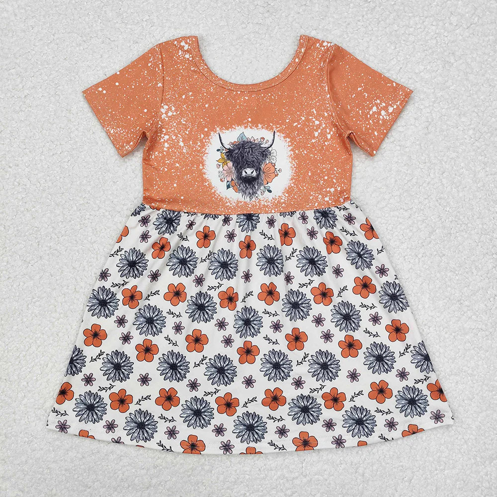 1.17 RTS Sibling Sisters Baby Girls Highland Cow Flowers Short Sleeve Dresses Clothes Sets