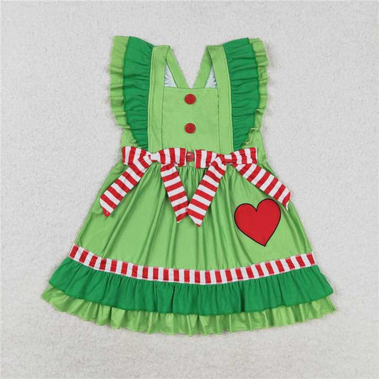 USA Warehouse (IN STOCK) GSD1356 Baby Girls Christmas Dresses Green Face with Flutter Sleeves Heart Design Cute Infant Outfits