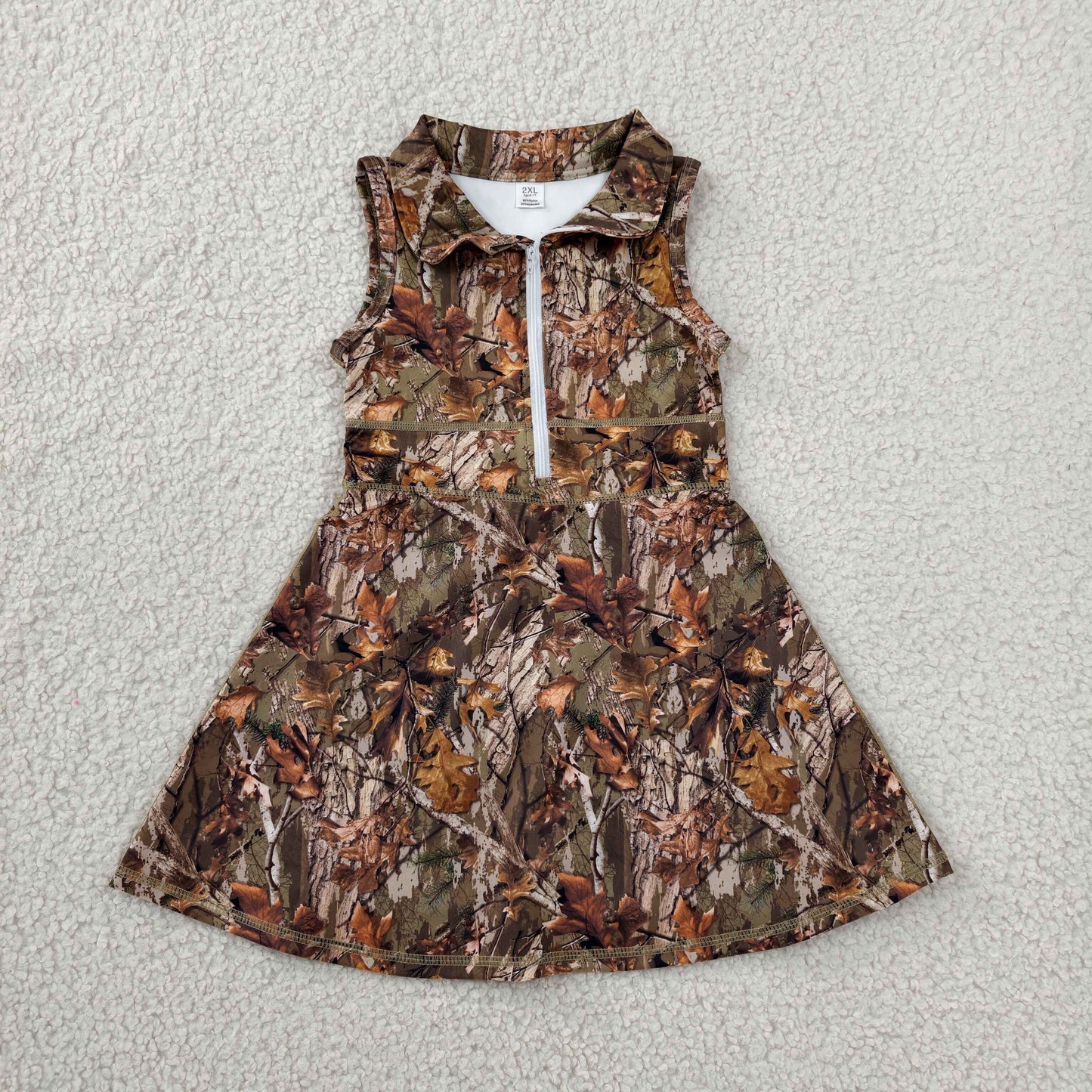 GSD1384 RTS NO MOQ （In stock）Sleeveless leaves camo zipper kids girls athletic dresses