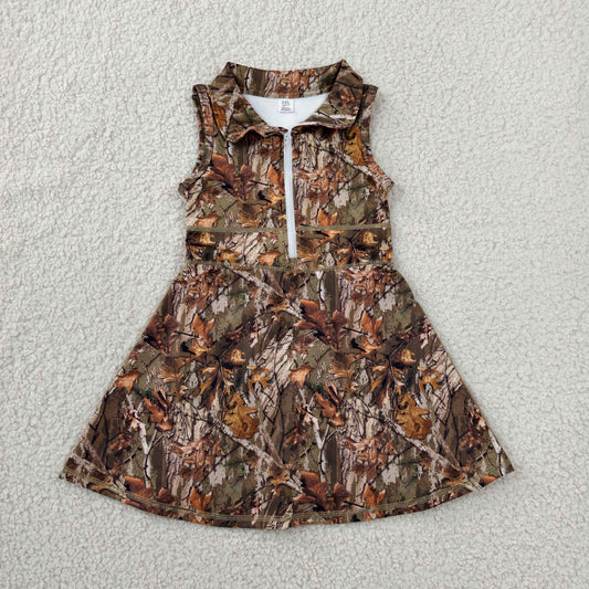 GSD1384 RTS NO MOQ （In stock）Sleeveless leaves camo zipper kids girls athletic dresses
