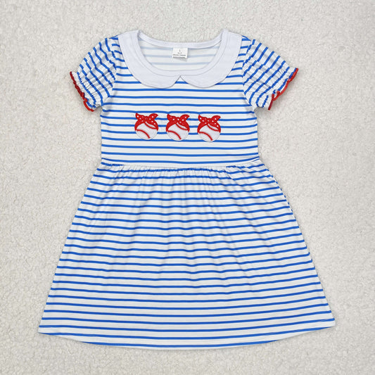 GSD1436  Blue stripe short sleeves baseball baby girls dresses