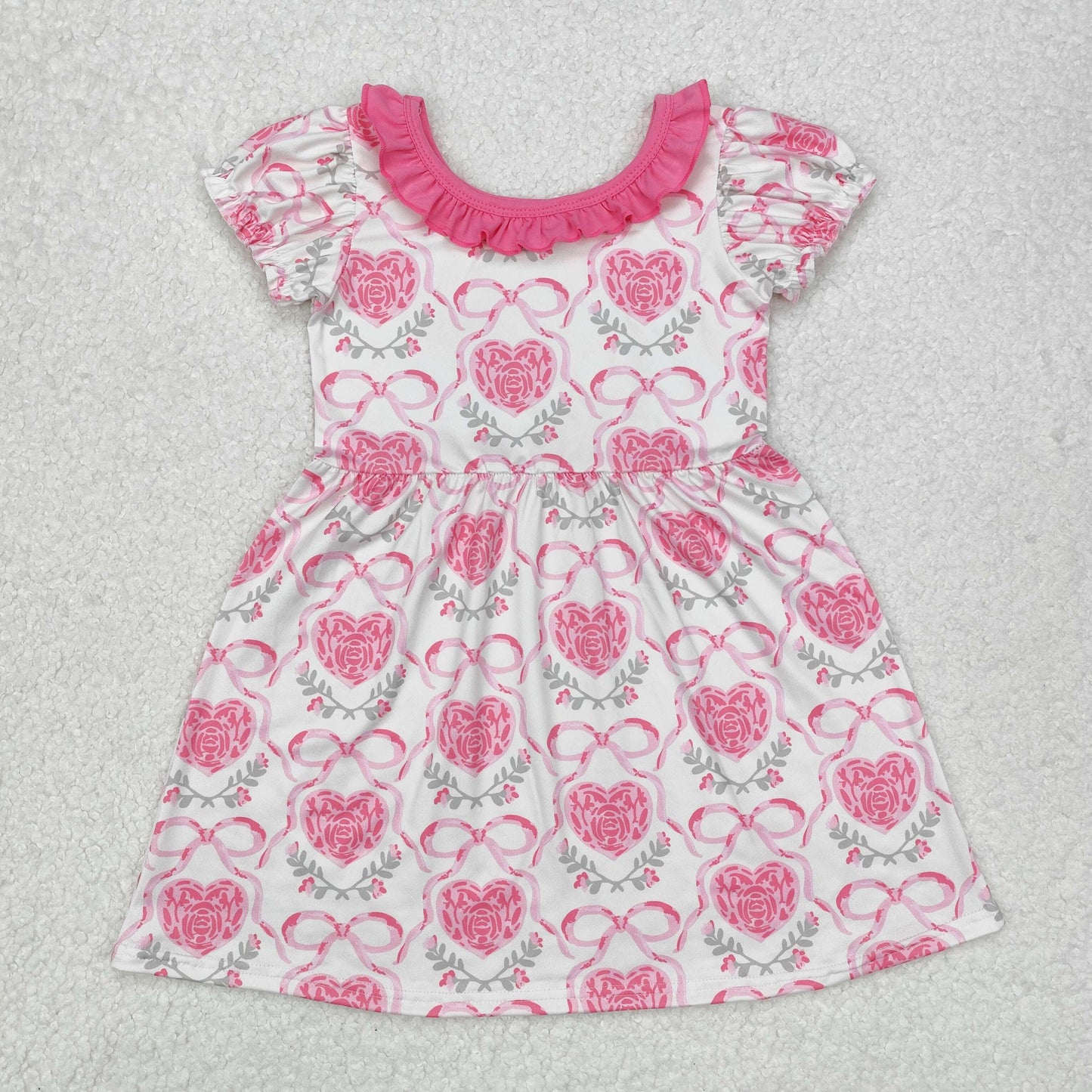 GSD1512Short sleeves heart pink bow floral baby girls valentine's dress