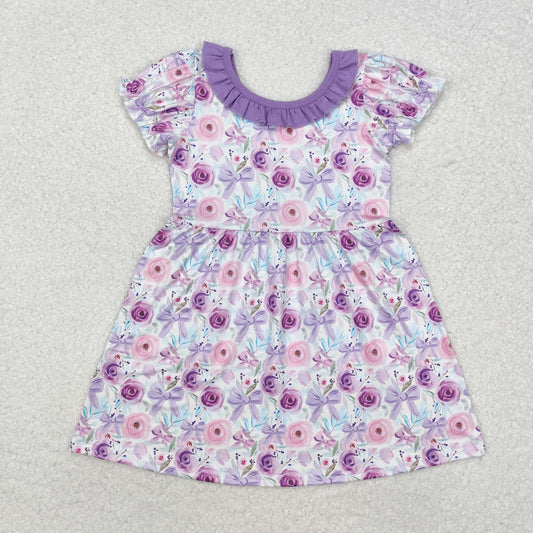 GSD1516Lavender bow floral ruffle short sleeves girls dresses