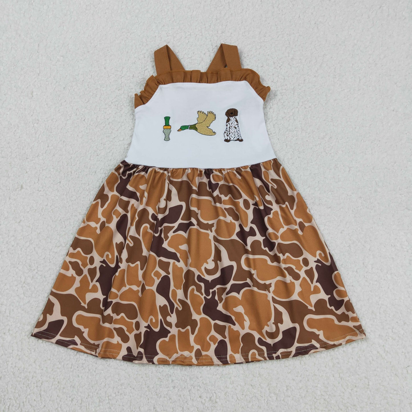 3.17 RTS NO MOQ （In stock）GSD1518 Kids Fashion Clothes Baby Girls Embroidery Duck Dogs Summer Strap Camo Hunting Knee Length Dress