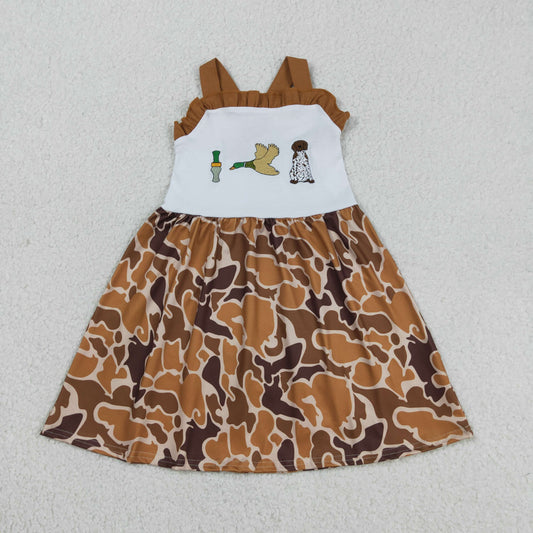 3.17 RTS NO MOQ （In stock）GSD1518 Kids Fashion Clothes Baby Girls Embroidery Duck Dogs Summer Strap Camo Hunting Knee Length Dress