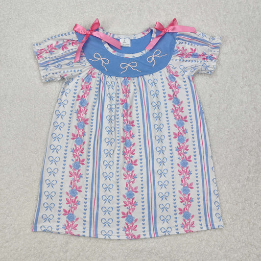 GSD1520Short sleeves stripe floral light blue bow baby girls dress