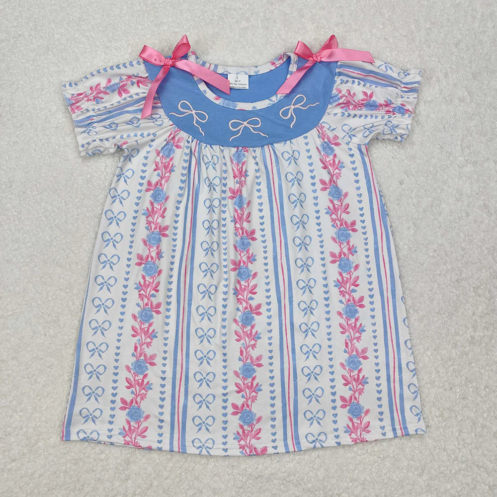 12.27 RTS Sibling Baby Girls Blue Pink Bows Rompers Dresses