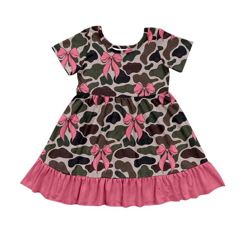 Baby Girls Camouflage Bows Short Sleeve Ruffle Knee Length Dresses Preorder GSD1537