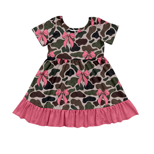 Baby Girls Camouflage Bows Short Sleeve Ruffle Knee Length Dresses Preorder GSD1537
