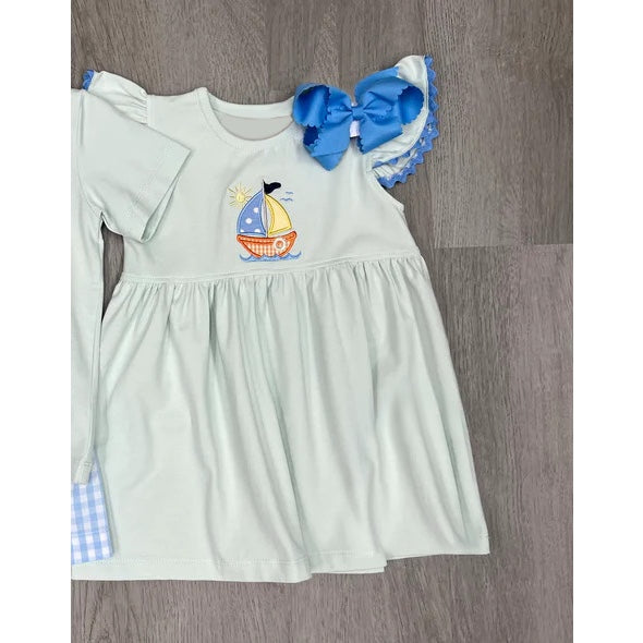 Baby Boys Sailboat Tee Shirts Checkered Shorts Clothing Sets and Baby Girls Summer Sailboat Flutter Sleeve Knee Length Dresses Preorder