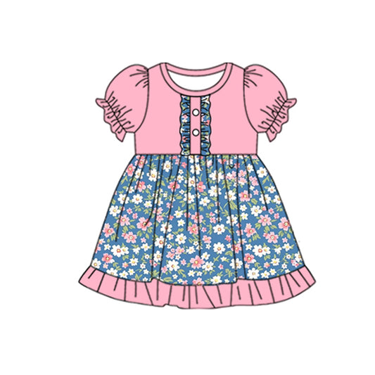 GSD1540 Baby Girls Navy Pink Flowers Knee Length Dresses Preorder