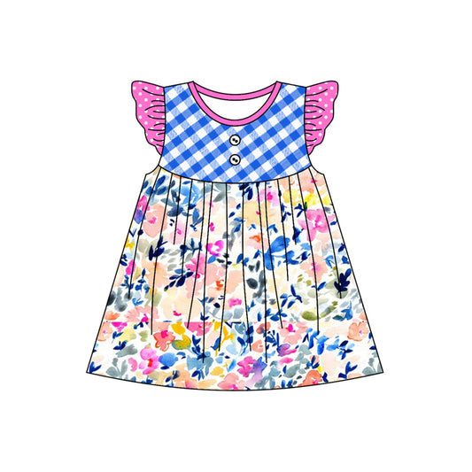 GSD1545 Baby Girls Blue Checkered Flowers Knee Length Dresses Preorder