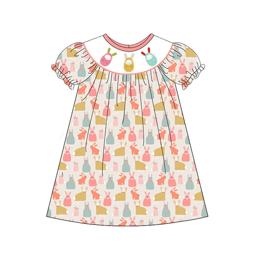 GSD1550 Baby Girls Easter Eggs Rabbits Short Sleeve Knee Length Dresses Preorder