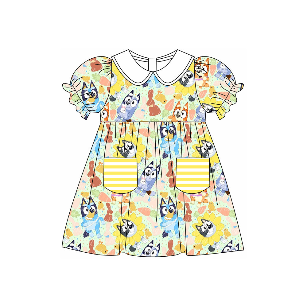 GSD1551 Baby Girls Cartoon Dogs Flowers Pockets Knee Length Dresses Preorder