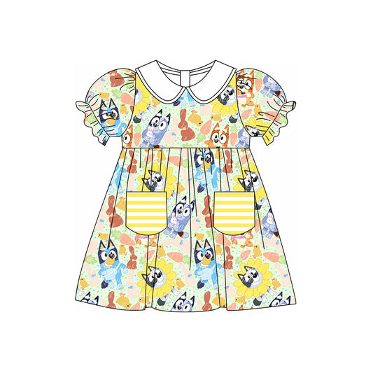 GSD1551 Baby Girls Cartoon Dogs Flowers Pockets Knee Length Dresses Preorder