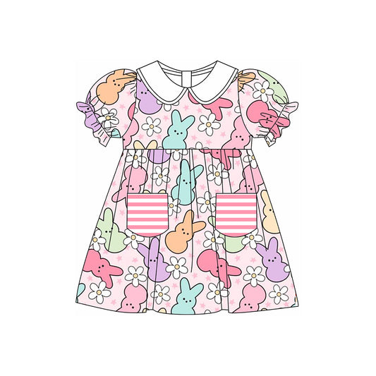 GSD1552 Baby Girls Pink Easter Rabbits Flowers Pockets Knee Length Dresses Preorder