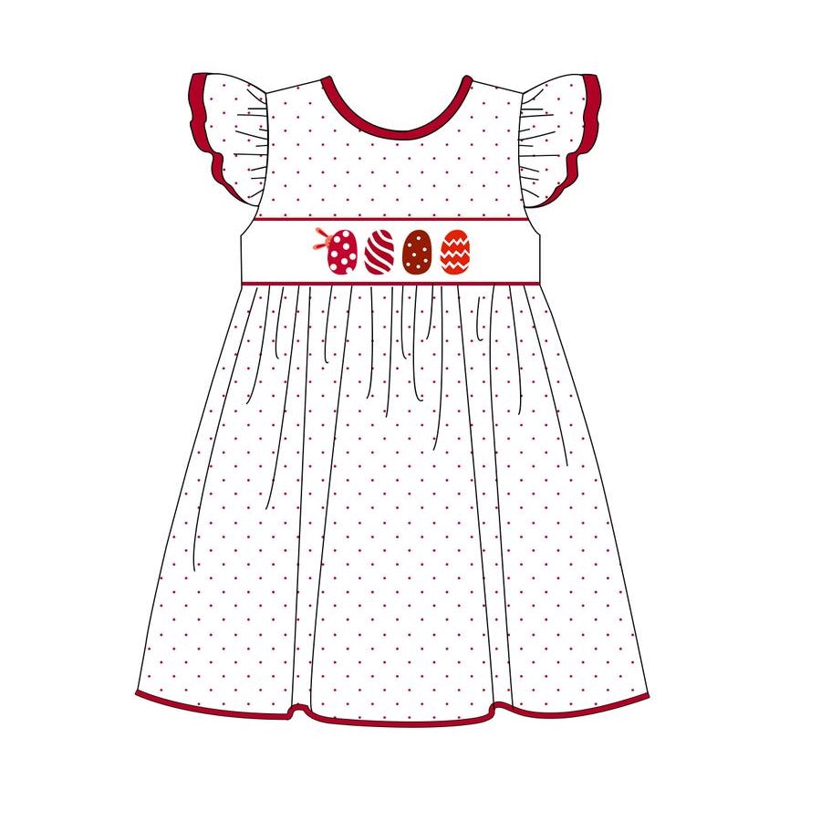 GSD1555 Baby Girls Easter Red Eggs Flutter Sleeve Knee Length Dresses Preorder