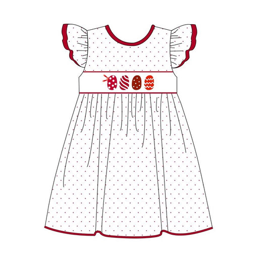 GSD1555 Baby Girls Easter Red Eggs Flutter Sleeve Knee Length Dresses Preorder