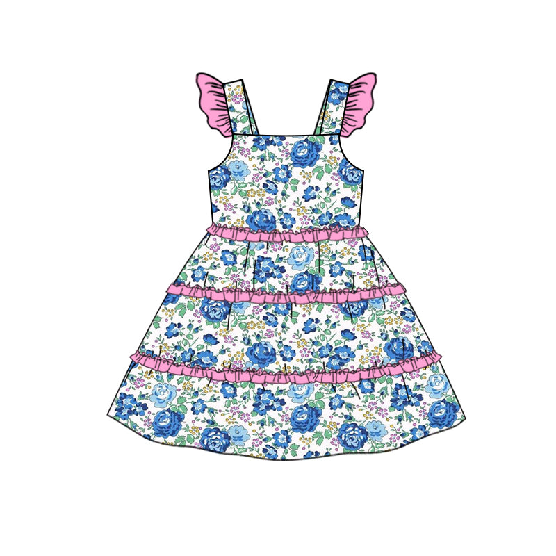 GSD1574 Baby Girls Blue Flowers Ruffles Straps Knee Length Dresses Preorder