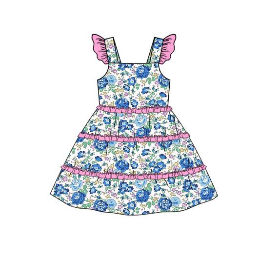 GSD1574 Baby Girls Blue Flowers Ruffles Straps Knee Length Dresses Preorder