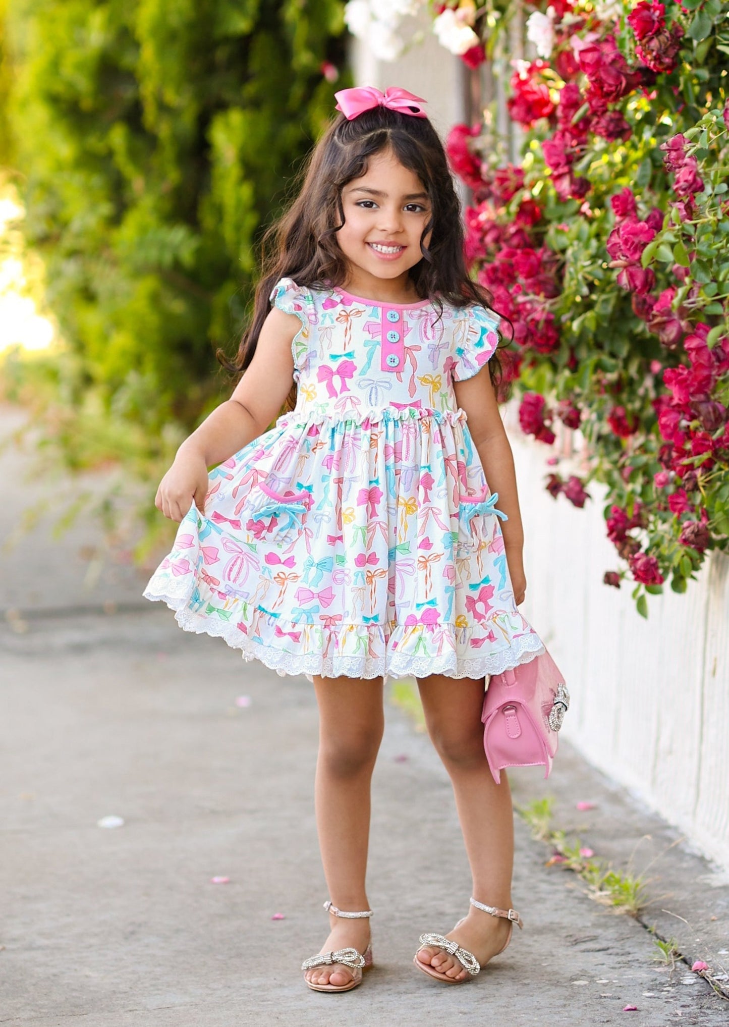 GSD1575 Baby Girls Colorful Bows Flutter Sleeve Knee Length Dresses Preorder