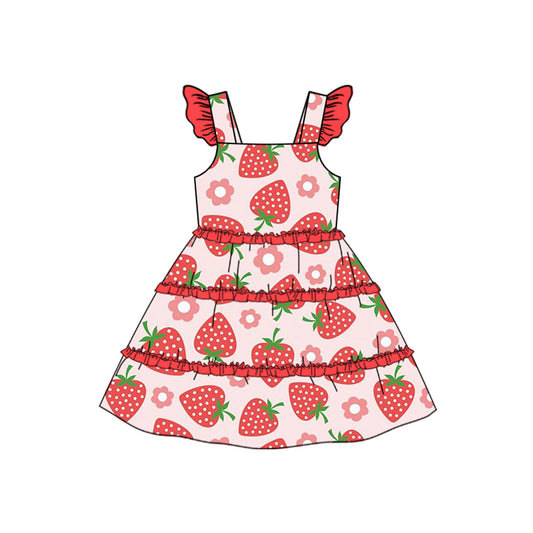 GSD1577 Baby Girls Straps Red Flowers Strawberry Knee Length Dresses