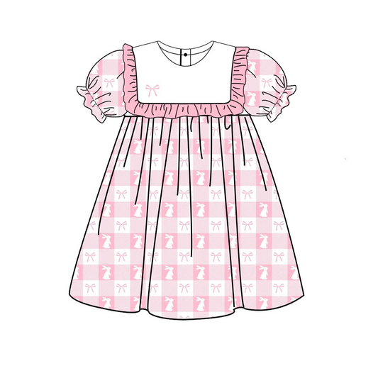 GSD1578 Baby Girls Pink Easter Rabbits Checkered Knee Length Dresses