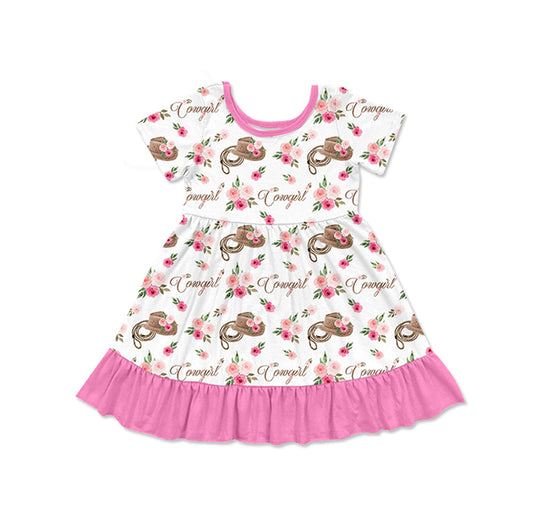 GSD1579 Baby Girls Pink Cowgirl Flowers Knee Length Dresses