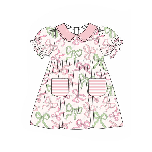 GSD1581 Baby Girls Pink Green Bows Pockets Knee Length Dresses
