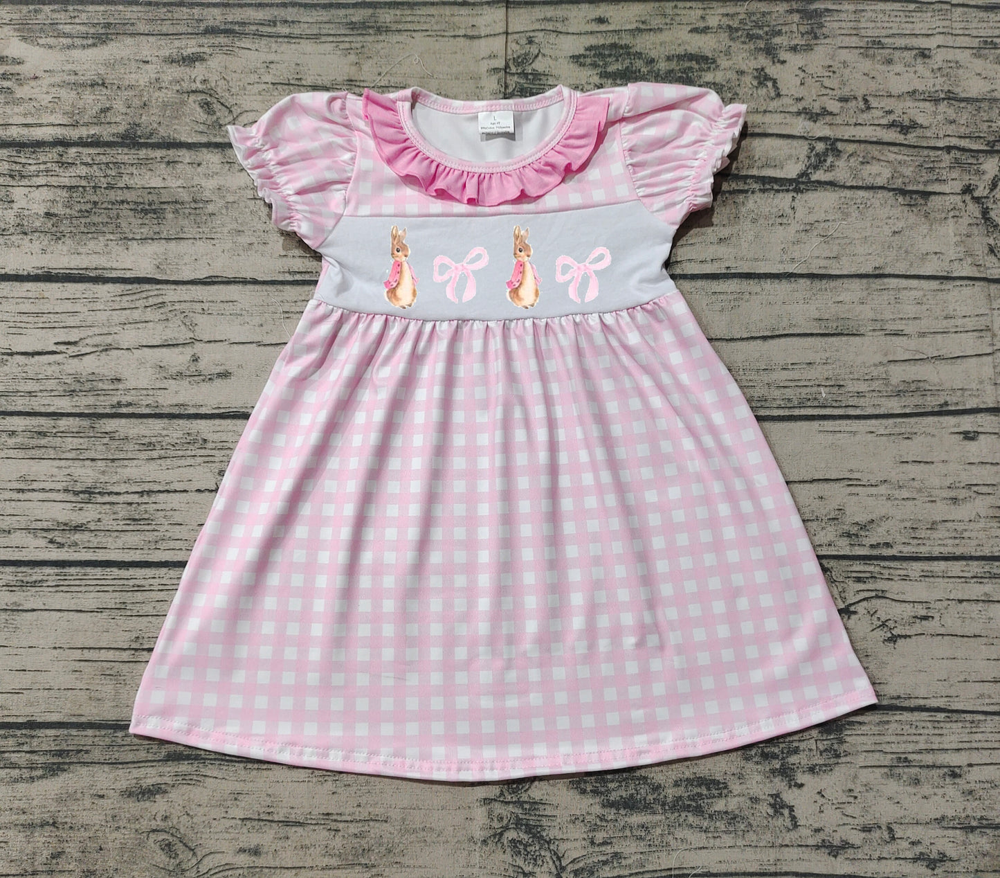 GSD1583Short sleeves pink plaid rabbit bow baby girls Easter dress