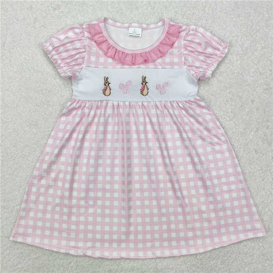 GSD1583Baby Girls Short Ruffle Sleeves Pink Plaid Embroidery Rabbit Easter Dress