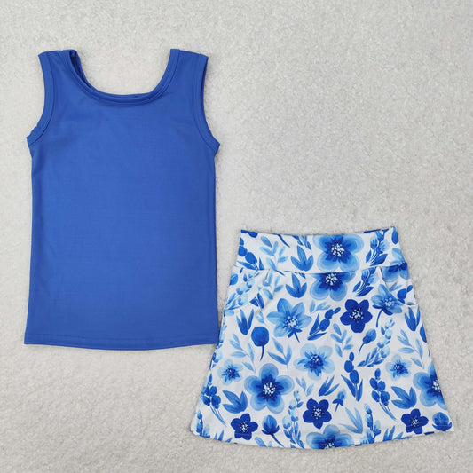 GSD1595RTS NO MOQ Children Clothes Girls Yoga Outfits Baby Girls Blue Vest Flowers Pocket Skirt Skort Active Wear Clothes Sets