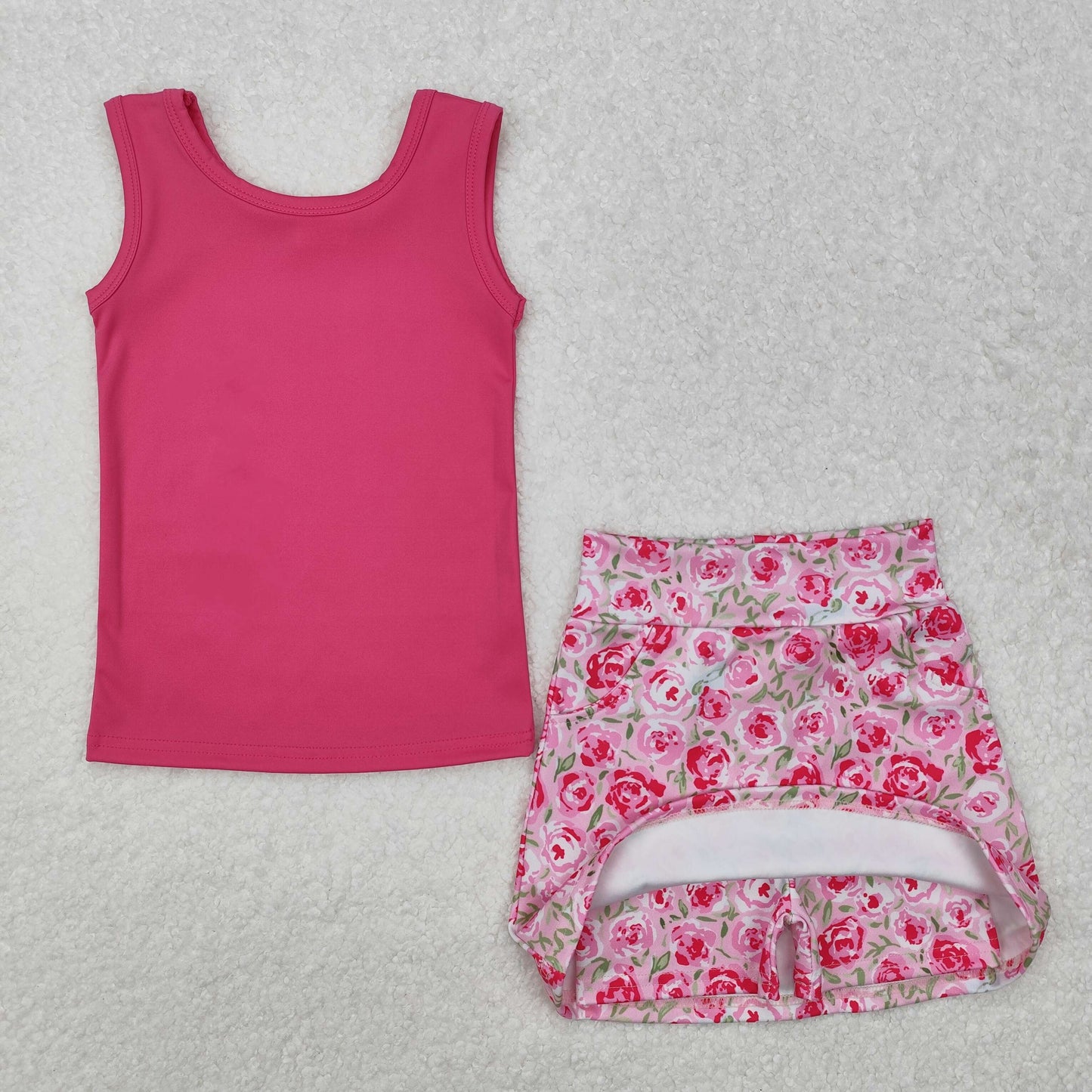 GSD1599RTS NO MOQ Baby Girls Yoga Outfits hot pink sleeveless top stripe floral skirt kids girls clothes