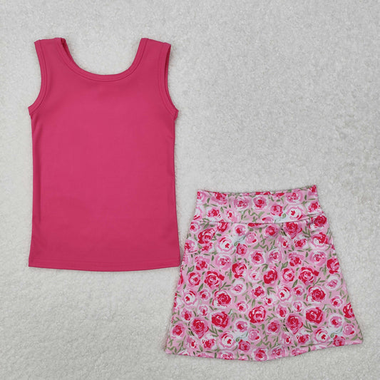 GSD1599RTS NO MOQ Baby Girls Yoga Outfits hot pink sleeveless top stripe floral skirt kids girls clothes