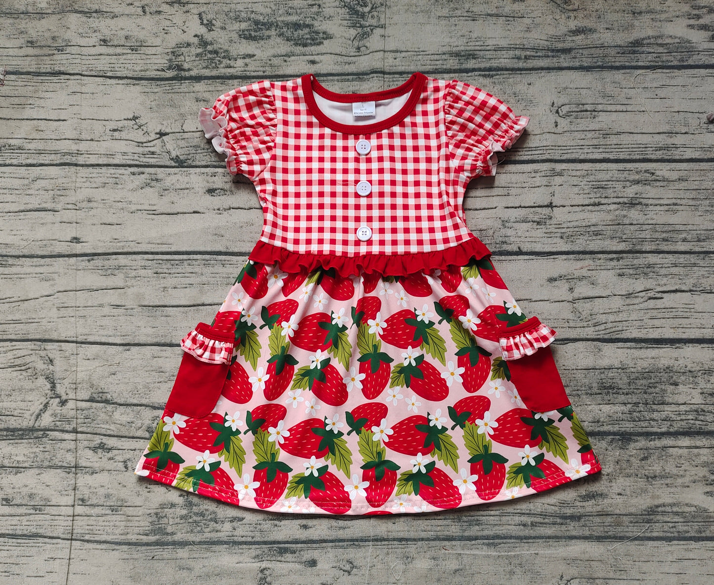 GSD1612Baby Girls Red Checkered Strawberry Print Knee-Length Dress Cute Feminine Style Children's Clothing for Little Girls