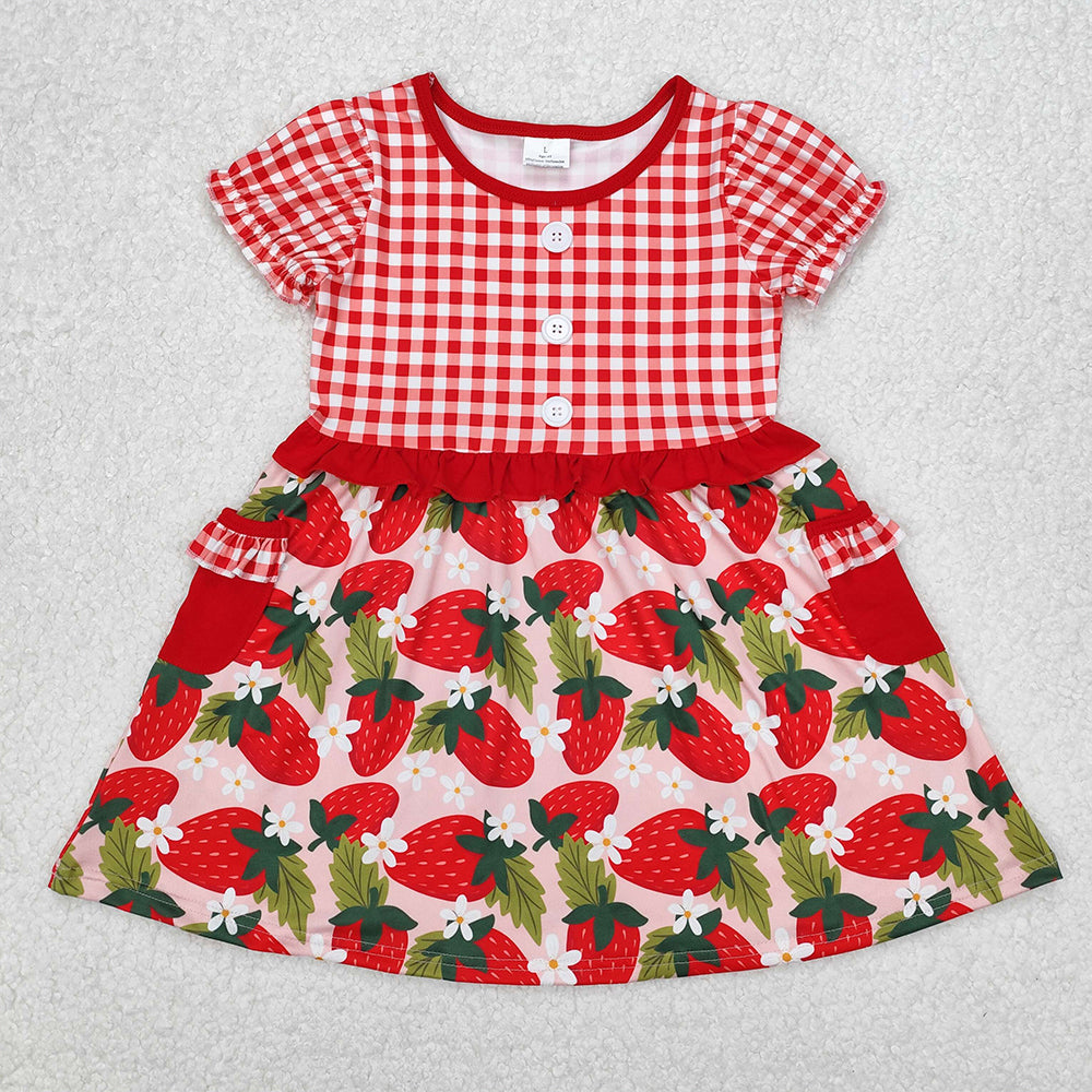 4.30 GSD1612 RTS NO MOQ Red plaid short sleeves strawberry baby girls dresses