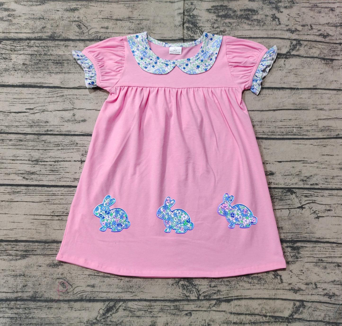 GSD1615Pink short sleeves floral bunny baby girls Easter dress