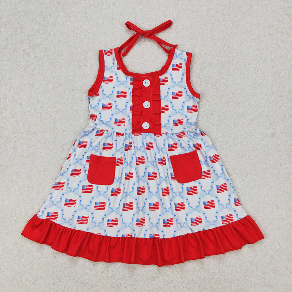 GSD1625 RTS NO MOQ Sleeveless bow flag baby girls 4th of july dresses