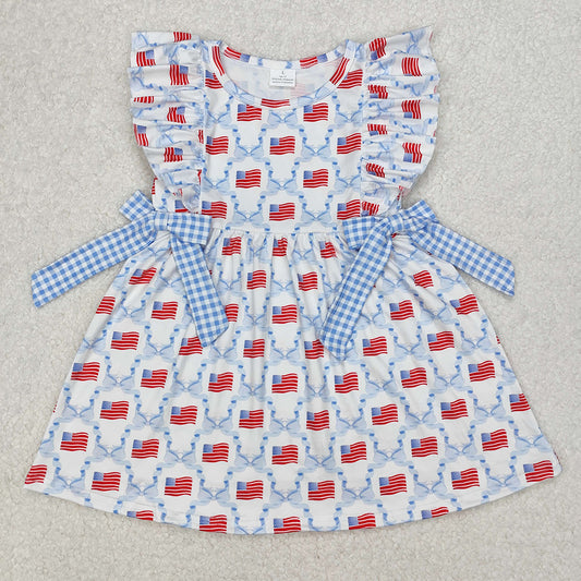 GSD1641Light Blue Plaid Bow Flag 4th of July Dress for Kids Girls Cute Patriotic Plaid Skirt with Bow Detail