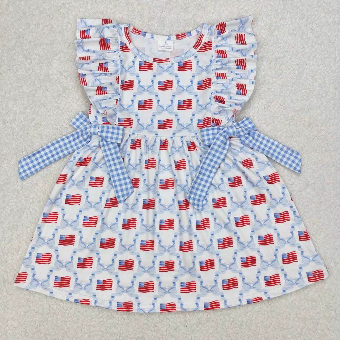 3.18 RTS Sibling Baby Girls Flutter Sleeve Flags Bows Stars 4th of July Ruffle Knee Length Dresses