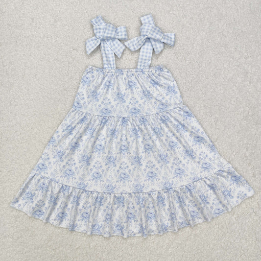 GSD1660Light blue plaid straps floral ruffle baby girls dresses