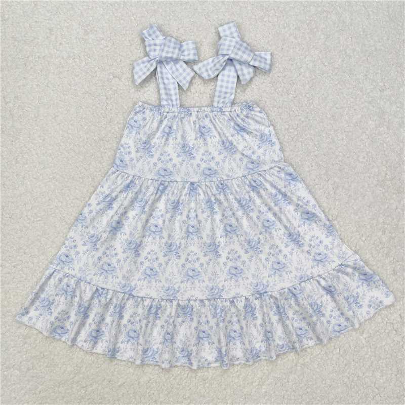 6.24 RTS NO MOQ Baby Girls Blue Flowers Straps Tunic Ruffle Shorts Clothes Sets dress