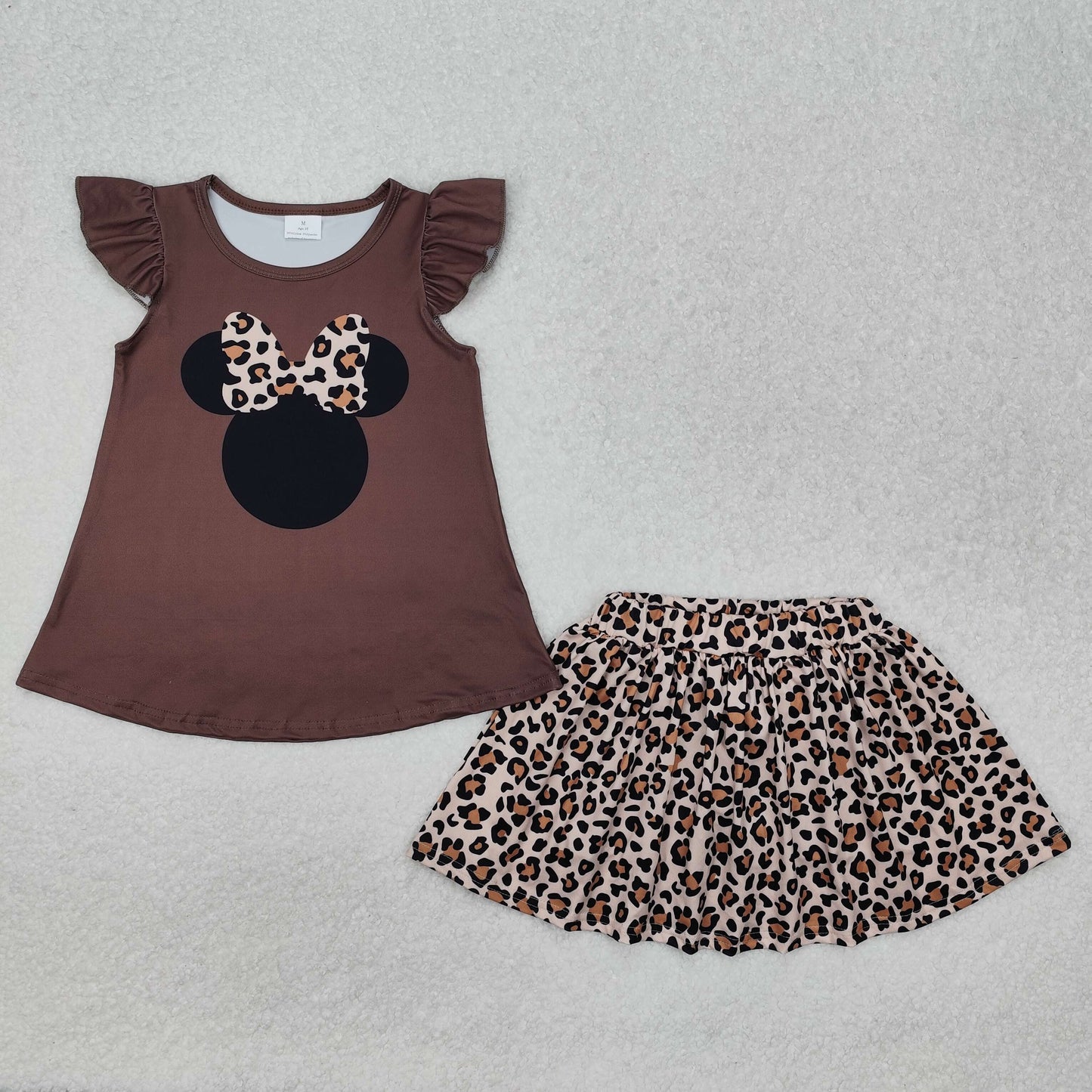 GSD1664Flutter sleeves mouse top leopard skirt girls clothing set