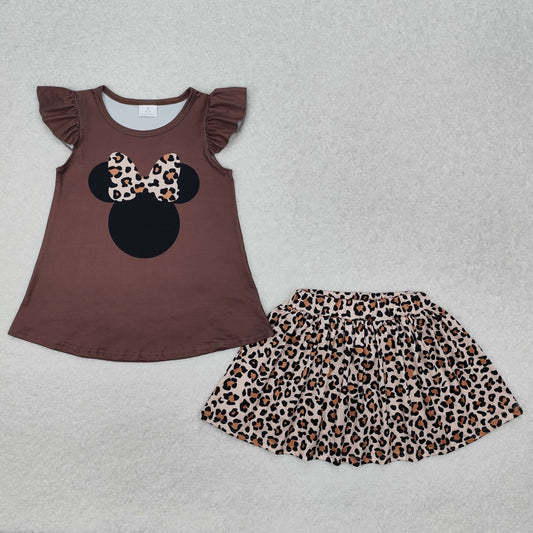 GSD1664Flutter sleeves mouse top leopard skirt girls clothing set