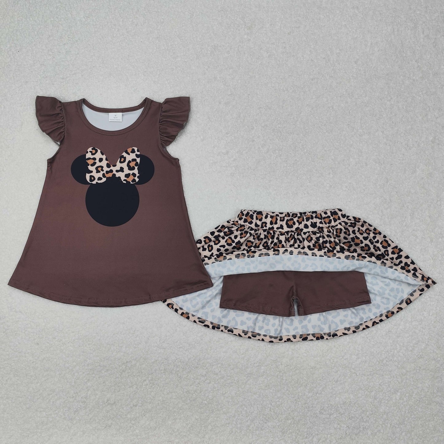 GSD1664Flutter sleeves mouse top leopard skirt girls clothing set