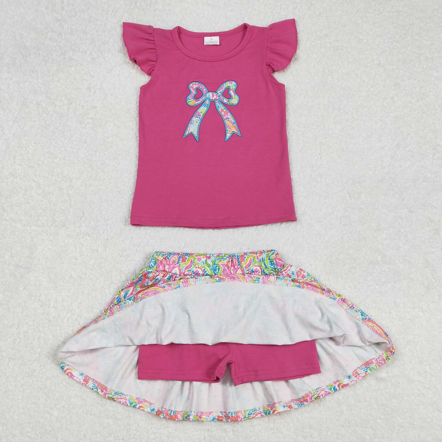 GSD1688Dreamy Hot Pink Bow & Watercolor Floral Skirt Set for Girls