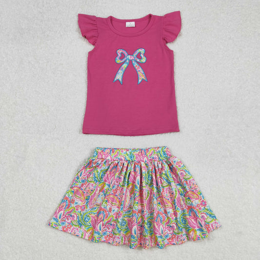 GSD1688Dreamy Hot Pink Bow & Watercolor Floral Skirt Set for Girls