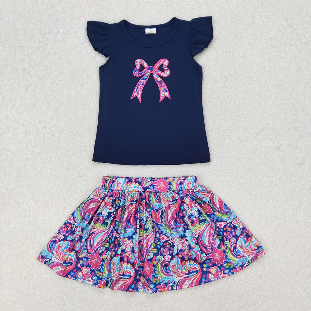 12.5 RTS Sibling Embroidery Baby Girls Navy Bow Shirts Shorts Skirt Clothes Sets